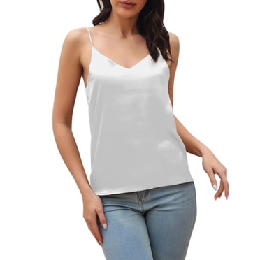 GDREDA Crew Neck Tank Tops For Women Spaghetti Strap V Neck Satin Camisole Sleeveless Soft Tank Top Women's Tanks & Camis White,M