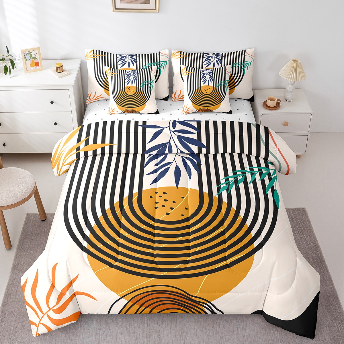 Mid Century Bed in a Bag 7pcs Geometry Swirl Line Bedding Set, Vintage Minimalit Twin Size Comforter Set Modern Artwork Bedding Comforter Sets, Abstract Circle Spiral Bed Set Lightweight