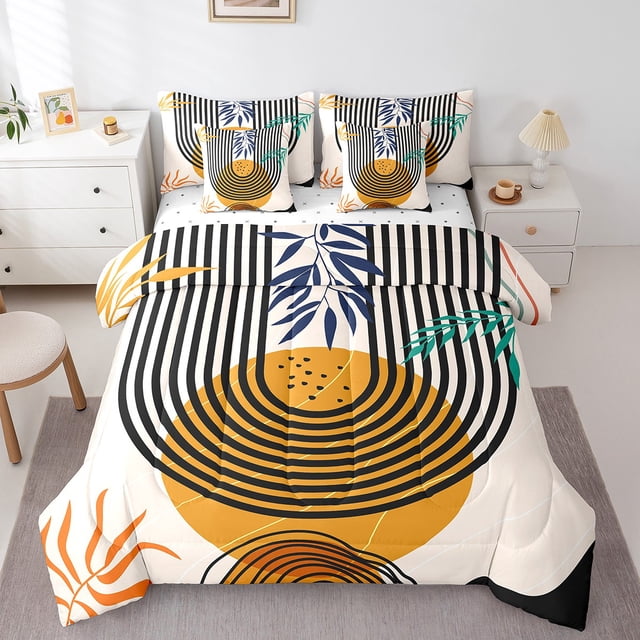 YST Mid Century Bedding 7pcs Comforter Set, Modern Artwork Lightweight Bedding Accessories, King