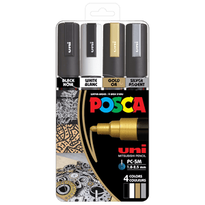 Uni® POSCA PC-5M Marqueurs de peinture à base d'eau, pointe réversible moyenne (1,8-2.5mm), couleurs assorties, paquet de 4