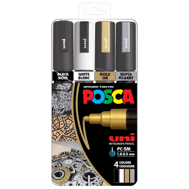 Marqueurs de peinture à base d’eau uni® POSCA PC-5M, pointe moyenne réversible (1,8–2,5 mm), couleurs assorties, paquet de 4.