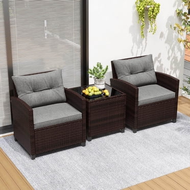 Costway 3 PCS Patio Rattan Furniture Set Cushioned Conversation Set Sofa Gray