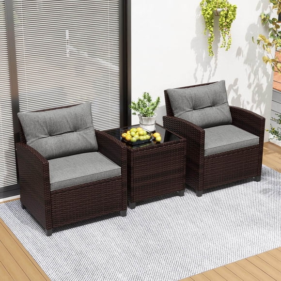 Costway Ensemble de Mobilier de Terrasse en Rotin 3 Pcs, Ensemble de Conversation avec Coussins, Sofa Gris