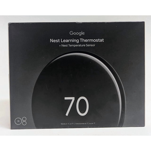 Google Nest Learning Thermostat 4th Gen with 2x Nest Sensors in polished obsidian finish, displayed in its packaging. The thermostat features a sleek, circular design with a large borderless display showing the temperature '70'. Includes two Nest Temperature Sensors for managing hot and cold spots. Compatible with most 24V systems, works with the Google Home app, and offers energy-saving features like Adaptive Eco and natural heating and cooling. A smart thermostat designed to optimize comfort and efficiency.