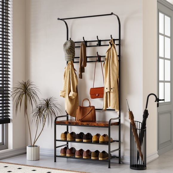 Ourlova Hall Tree Storage Bench for Entryway, Coat Rack Shoe Bench with Storage Drawer, 5-in-1 Coat Rack Storage Shelf and 8 Hooks, Coat Tree