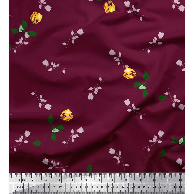 Soimoi Tissu Poly Georgette Feuilles et Imprimé de Fleurs de Roses, Tissu au Mètre, 52 Pouces de Large