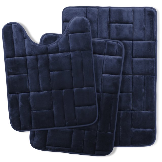 Clara Clark Bathroom Rugs, Velvet Memory Foam Bath Mat, Ultra Soft Non Slip and Absorbent - Tiled - Set Small, Large & Contour - Navy