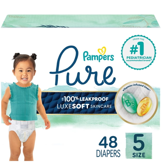 Pampers Pure Baby Diapers, Size 5 (27+ lbs), 48 count package showing a toddler wearing a diaper and teal sleeveless top, featuring up to 100% leakproof protection and a vitamin-enriched liner for hypoallergenic skin care, from the #1 pediatrician recommended brand.