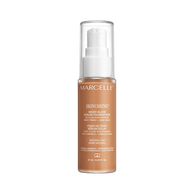Marcelle Skin Caring Fond de Teint Sérum Beige Naturel en Bouteille Pompe Transparente avec Distributeur Blanc, Contenant 27 ml de Fond de Teint Liquide Léger Enrichi de niacinamide 3 % pour une Hydratation de 24 Heures, Éclaircissant, Minimise les Pores et Offre une Finition Rosée Naturelle Convenant à un Teint Uniforme et à une Amélioration de la texture de la Peau.