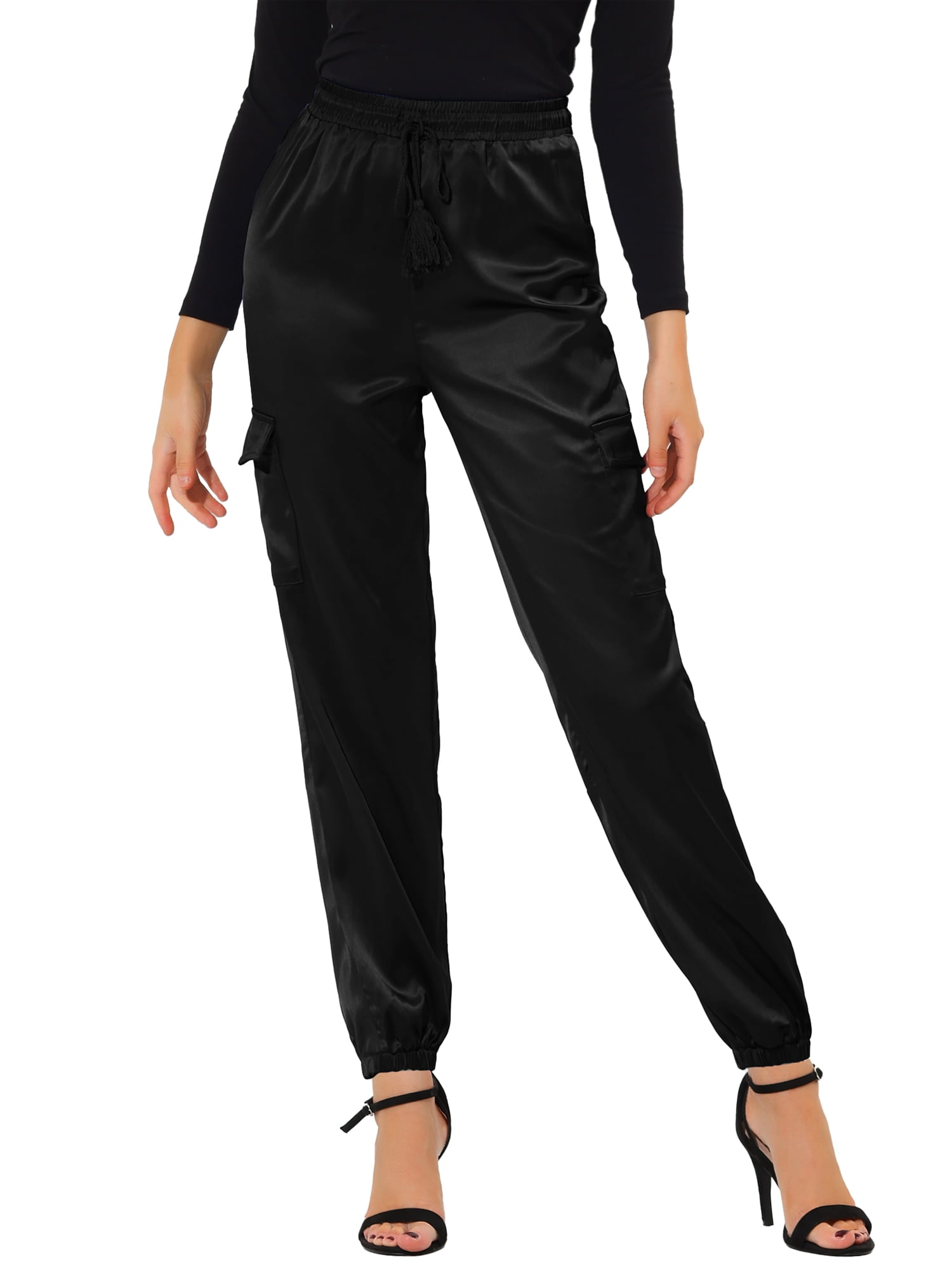 Unique Bargains Women's High Rise Silky Satin Cargo Pants, Black, XS