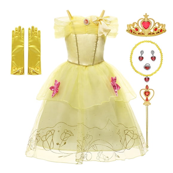 HAWEE Princess Belle Dress, Beauty and Beast Off Shoulder Layered Costume for Little Girl, with Accessories