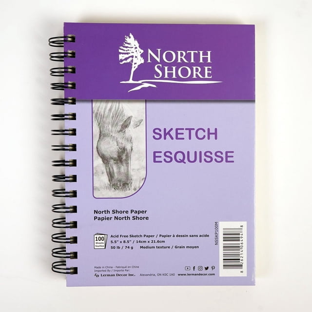 SKETCH PAPER 5.5"X8.5" North Shore acid-free sketch pad with 100 medium texture sheets, spiral bound with a heavy cardboard back, measuring 5.5 by 8.5 inches, featuring a purple cover with a horse sketch and brand logo, suitable for dry media and quick sketches.