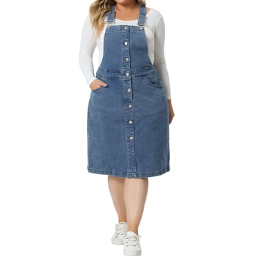 GRACE & GRANDEUR Plus Size Denim Overall Dress for Women Adjustable Strap Button Front Suspender Jean Skirt Light Blue 4X