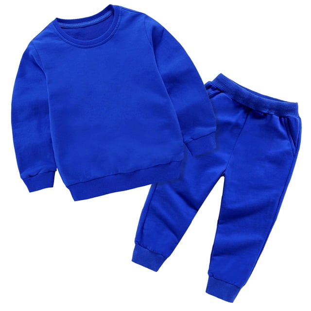 MeetoTime Ensemble 2 Pcs Filles Garçons Chandail Molletonné de Base et Pantalon de Jogging en Coton pour Tout-Petits Enfants. l'Ensemble Comprend un Chandail Molletonné Uni Bleu avec Poignets et Ourlet Côtelés, Assorti à des Pantalons de Jogging Bleus Assortis avec une Taille Élastique et des Poignets Côtelés aux Chevilles. Fabriqué en Tissu de Coton Doux et Respirant, Cette Tenue Est Conçue pour le Confort et la Durabilité, Convient aux Tenues Décontractées, aux sports Ou aux occasions de la Rentrée.