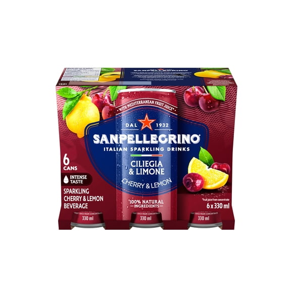 SANPELLEGRINO Ciliegia & Limone Italian Sparkling Fruit Beverage, Made with Mediterranean Oranges & Pomegranates, Sparkling Bubbles, 24 Cans x 330ml