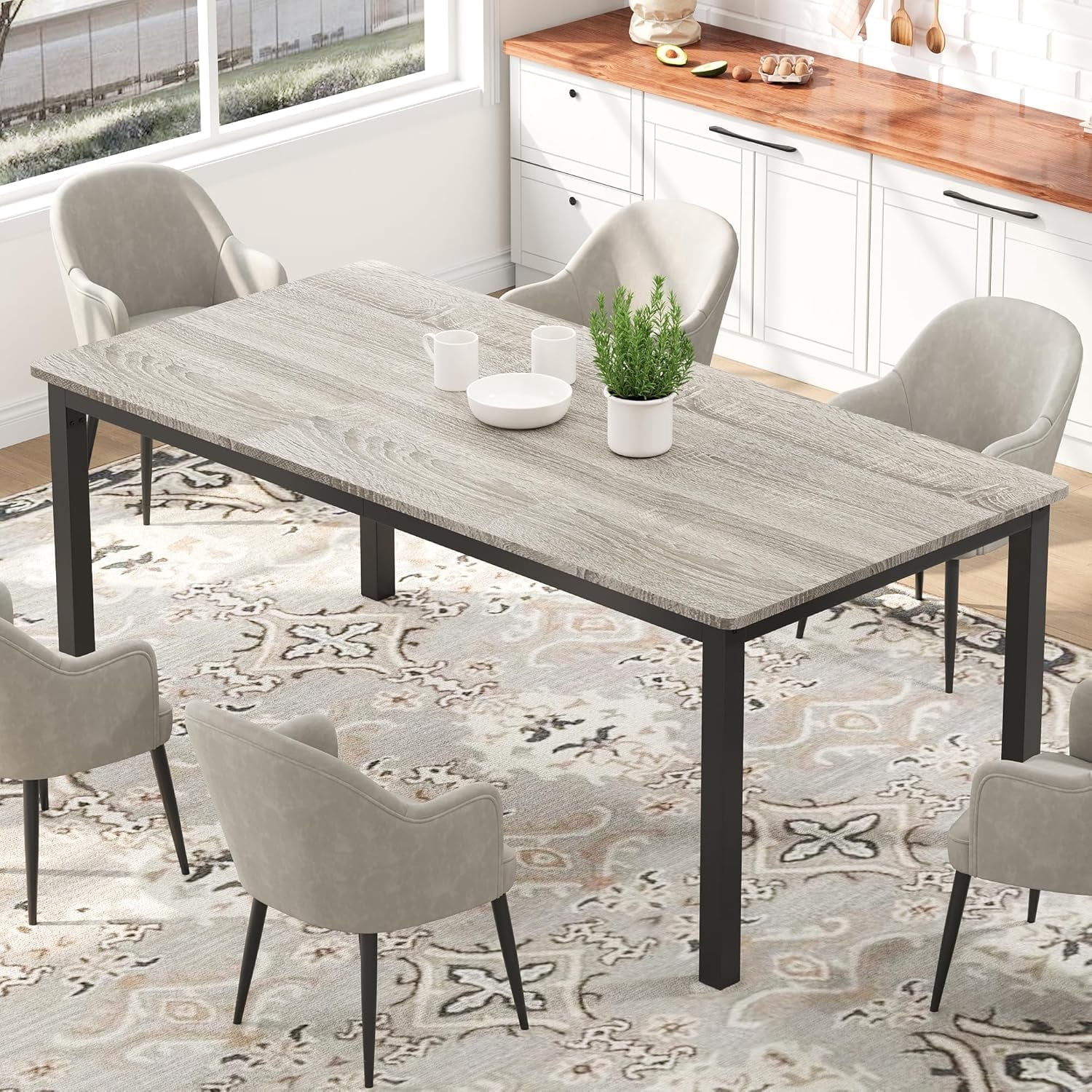71 in Long Dining Table for 6, Rectangular Wood Kitchen Table with Metal Legs, Grey