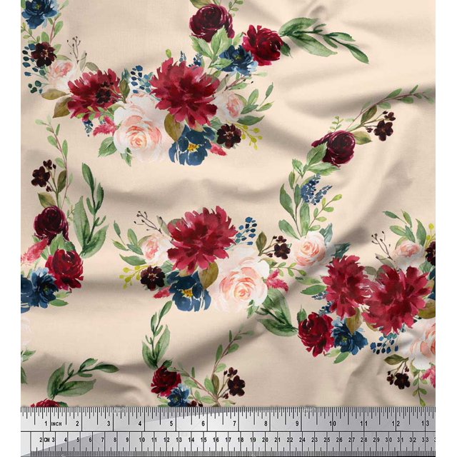 Soimoi White Georgette Viscose Fabric Ranunculus & Penoy Floral Print Print Fabric by the Yard 44 Inch Wide