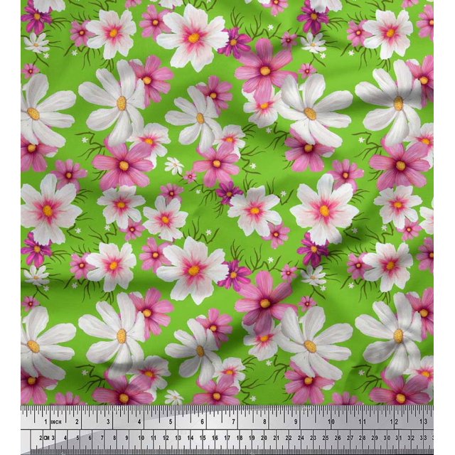 Soimoi Tissu Crêpe Polyester Imprimé Floral Cosmos au Mètre 42 Pouces de Large
