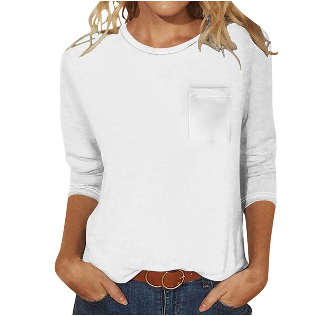 FAIWAD Womens 3/4 Sleeve Tunic Tops Solid Color Round Neck Shirt Soft Lightweight Loose Top with Chest Pockets