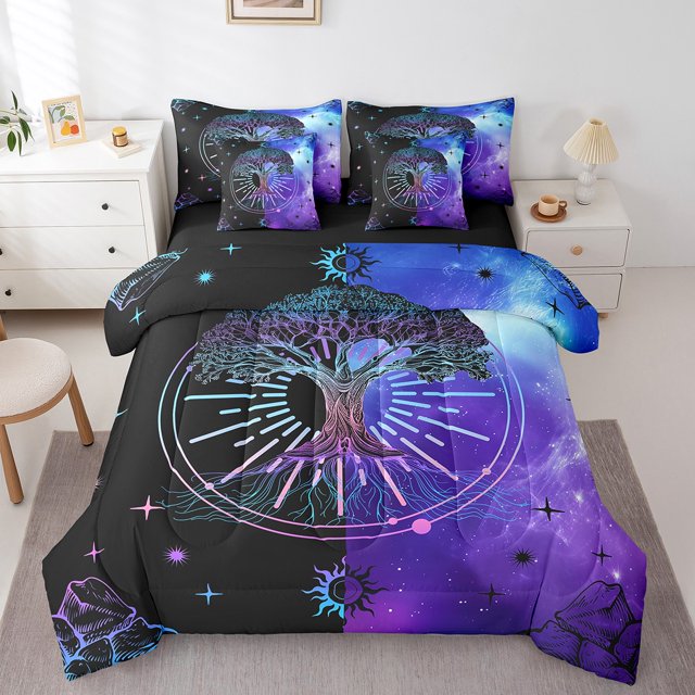 YST Tree Of Life Black Blue Botanical Comforter Set, 7-Piece, King