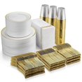 thumbnail image 1 of 700 Piece Gold Dinnerware Set - 200 Gold Rim Plastic Plates - 300 Gold Plastic Silverware - 100 Gold Plastic Cups - 100 Linen Like Gold Paper Napkins, 100 Guest Disposable Gold Din, 1 of 6