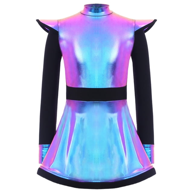 Moggemol Robe à Manches Longues Zippée avec Short Intégré, Patchwork Métallisé Brillant, Vêtements Extraterrestres pour Filles, Coloré 6