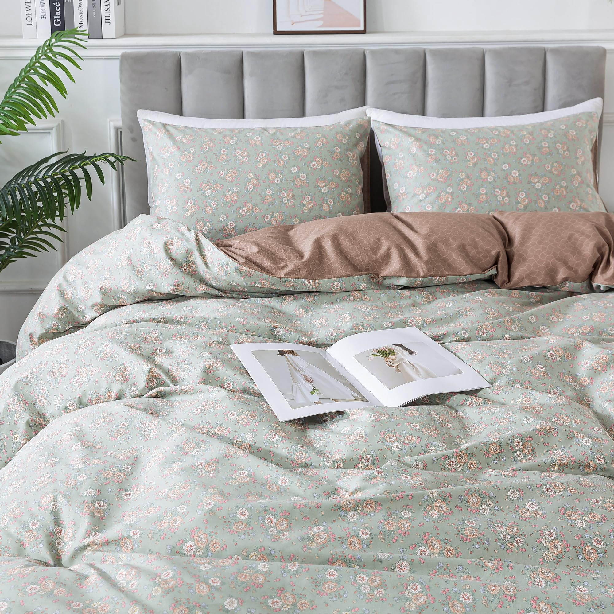 HoneiLife Wildflower Duvet Cover Queen - 100% Cotton Comforter Cover Sets, Floral Duvet Cover Sets,Botanical Bedlinen Set with Zipper Closure & Corner Ties, Vitality