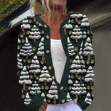 Jsaierl Ugly Christmas Sweater for Women Cute Xmas Tree Print Sweaters Open Front Button Down Cardigans Fall Winter Knitted Outwear Coat
