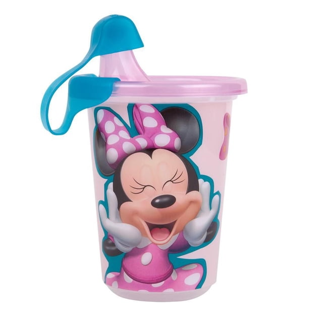 The First Years Tasses à Bec 10 oz à Prendre et à Lancer Minnie Mouse - Lot de 3 avec une Tasse Rose Translucide avec un Couvercle Bleu à Pression et un Bec Sans Valve, Décorées de Minnie Mouse avec un Nœud Rose à Pois et une Robe, Sans BPA, Résistantes aux Fuites et Compatibles Lave-Vaisselle pour l'Alimentation des Tout-Petits.