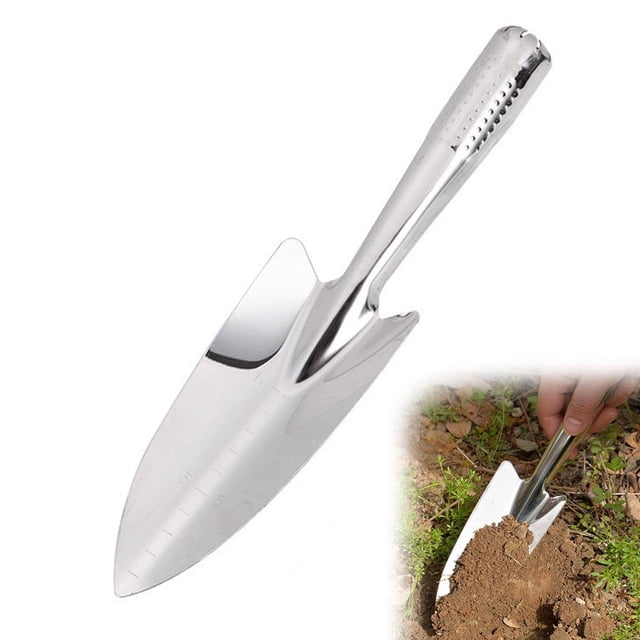 Lttoisl Truelle de Jardin Entièrement en Acier Inoxydable, Pelle à Main Robuste avec Échelle de Profondeur, Outil Ergonomique de Désherbage et de Creusage, Repiqueuse Antirouille pour Légumes, 1 Paquet Pelle Grand/carré/étroite