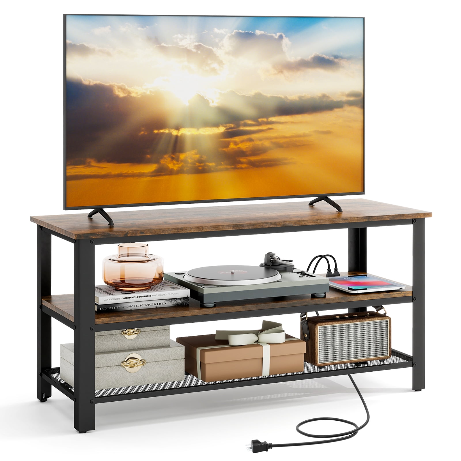 Patiojoy Industrial TV Stand Media Entertainment Center with 2-tier Open Storage Shelves & Metal Frame TV Cabinet for TVs up