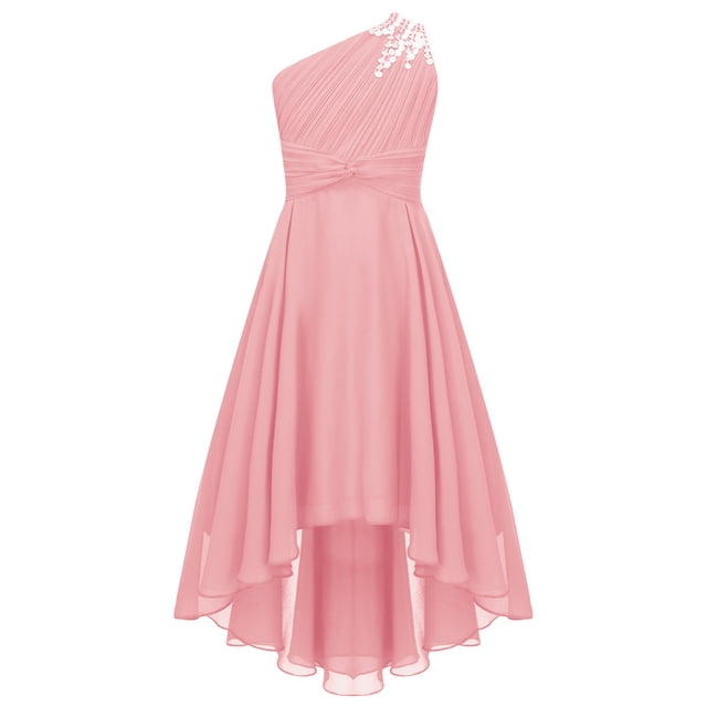 Raenseen Robe de Demoiselle d'Honneur Junior pour Fille, Fleurs, pour Mariage, Froncée, une Épaule, Fête, Ourlet Haut-Bas, Bal, Rose, 14