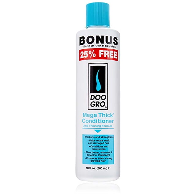 Doo Gro Mega Thick Revitalisant Formule Anti-Décoloration dans une Bouteille de 10 fl oz. la Bouteille Blanche Présente un Bouchon Bleu et un Texte Audacieux Mettant en Valeur « 25 % Gratuit » et « Bonus 10 oz au Prix de 8 oz ». l'Étiquette Met l'Accent sur des Bienfaits comme l'Épaississement et le Renforcement des Cheveux, la Réparation des Brins Faibles et Abîmés, et la Promotion D'Une Croissance Saine. Enrichie de Beurre de Karité, de Vitamines, de Protéines d'a
