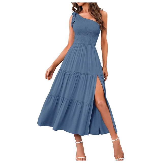 Kcodviy Robe Femme 2025 Été Décontractée Grande Robe Femme une Épaule Sans Manches Smockée Robe Maxi Femme Décontractée Taille Élastique à Volants Midi Robes Décontractées Femme Robe