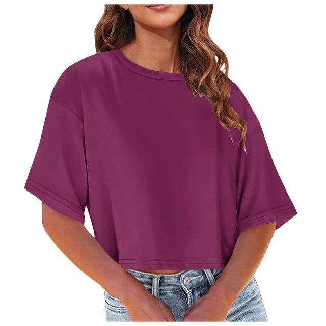 Plebaso Womens Cropped T-Shirts Short Sleeve Round Neck Tshirts Solid Color Casual Loose Basic Tops Tees
