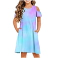thumbnail image 1 of Économies de Printemps/été! HVOBTTY Robe Confortable à Manches Courtes pour Fille, Robe Quotidienne Sans Manches Extensible, Robe Trapèze Tournoyante, Patineuse, Récital d'École, Robe à Manches Courtes à Col Rond, Bleu, 13 Ans, 1 of 5