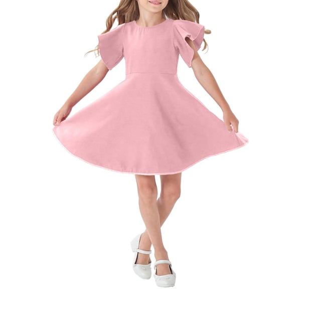 QIPOPIQ Robe Patineuse de Fête pour Fille à Manches Courtes, Décontractée, Vintage, Col Peter Pan, Coupe Évasée, avec Poches, 4-12 Ans, Liquidation
