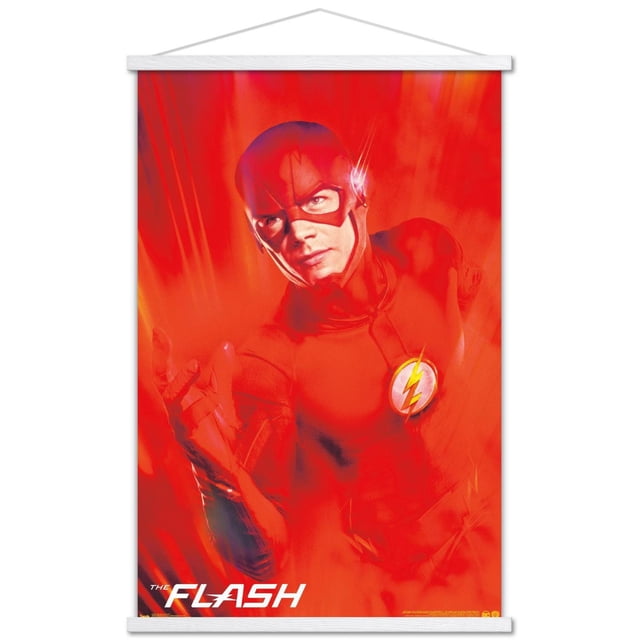 DC Comics TV - The Flash - Affiche Murale d'Art, 22,375 Pouces x 34 Pouces, Représentant le Flash dans Sa Combinaison Rouge avec l'Emblème de Foudre Jaune sur Sa Poitrine, Posé avec une Main Tendue sur un Fond Rouge Vif avec des Effets de Flou de Mouvement Symbolisant la Vitesse, Imprimée sur Papier d'Affiche Lustré avec des Barres Suspendues Blanches, Idéale pour la Décoration Murale de la Maison Ou du Bureau.