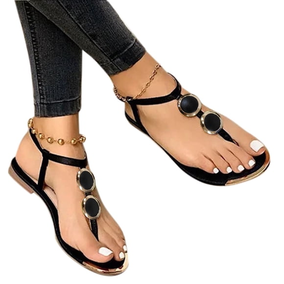 Women's Metallic Flats Flip Flop Black Silver Ladies Dress Slingback Sandals Roman Buckle Low Heels Thongs
