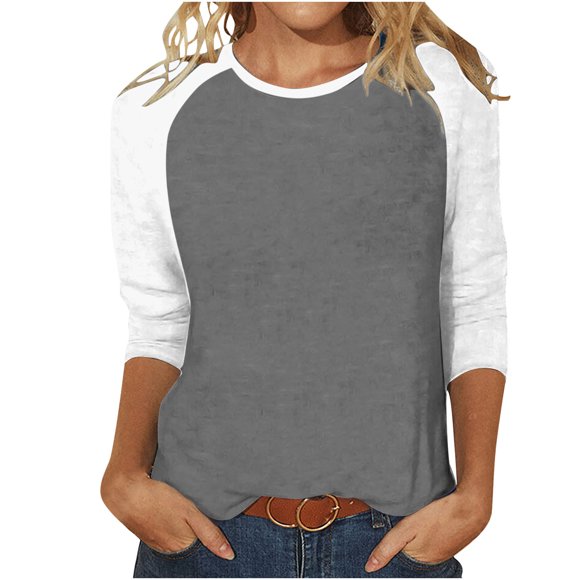 FNFYFH Raglan Shirts for Women Dressy 3/4 Sleeve Baseball Tee Tunic Crewneck Color Block Shirt Summer Trendy 3/4 Length Sleeve Cute Tops Causal Loose Fit Breathable Top Prime Day Clearance