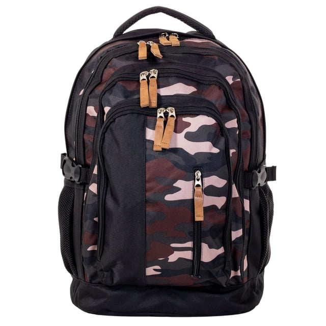 Jetstream School Backpack with Padded Straps and Organizer Pockets, Back Pack Centered front-facing Jetstream polyester school backpack with padded adjustable straps and reflective patch, supportive back panel, roomy main compartment with middle laptop sleeve, two front organizer pockets with pen slots, two elasticized side mesh bottle pockets and adjustable side compression straps; ergonomic support for carrying books and often used for commuting or day trips.