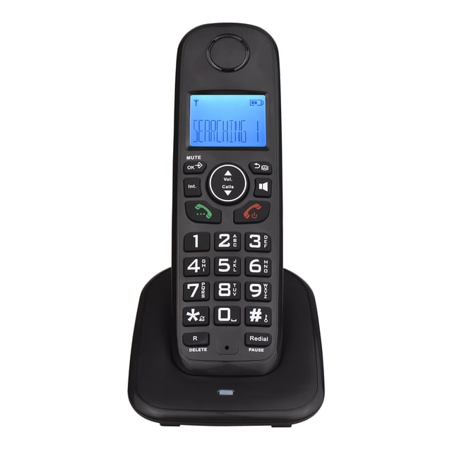 Yeacher Expandable Cordless Phone System with 3 Lines LCD Display Caller ID Support 5 Handsets. The image shows a black handset with a backlit 3-line LCD display, placed on a matching cradle. The keypad features large, clearly labeled buttons, including redial, pause, and volume controls. The system supports up to 5 handsets per base unit and offers features like call transfer, intercom, and conference calls. The handset is compact, measuring 16.5 cm in height, and includes rechargeable batteries.