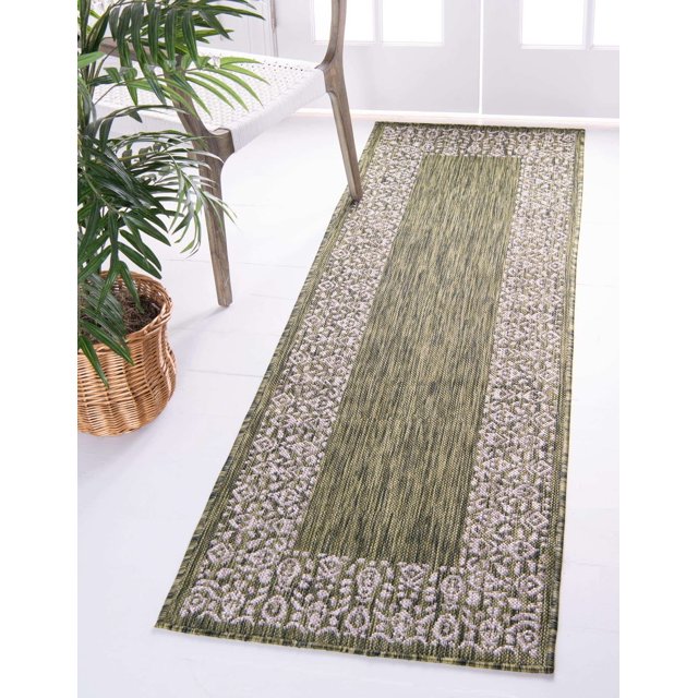 Unique Loom Outdoor Collection Tapis de Style Transitionnel pour Intérieur et Extérieur à Bordure Florale Traditionnelle, 2 x 6 Pieds, Vert/gris