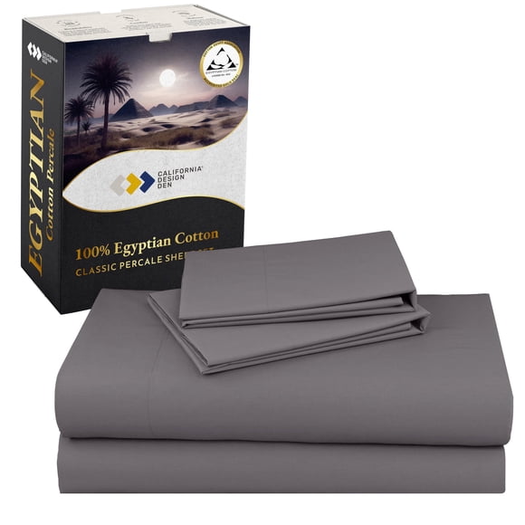 California Design Den California King Sheets Set - Certified 100% Egyptian Cotton Lightweight Percale Cooling Sheet Set with Deep Pockets Crisp & Durable Luxury Bedding Set - Grey