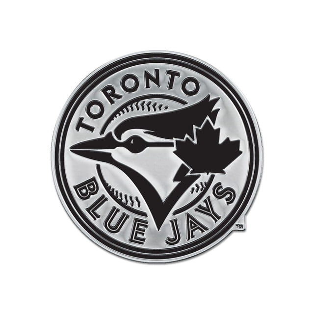 Wincraft Toronto Blue Jays Chrome Free Form Auto Emblem featuring a circular chrome metal badge with the Toronto Blue Jays logo in black, including a stylized blue jay head, a maple leaf, and baseball stitching, ideal for automotive exterior decoration and suitable for personalizing vehicles with official MLB branding.