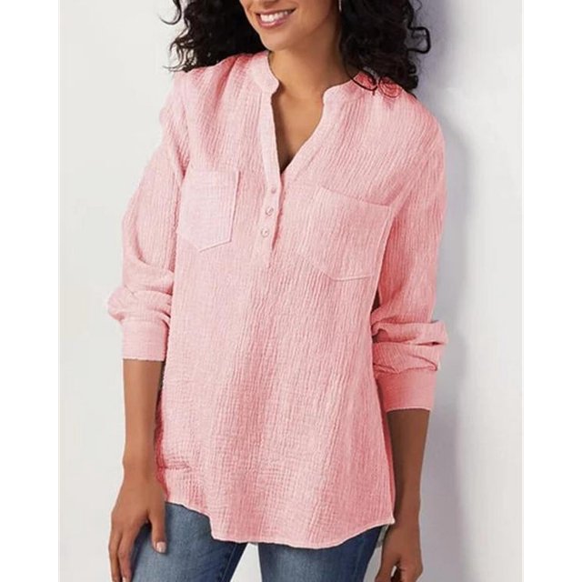 Chemises Unies à Col en V pour Femmes avec Poche en Coton Lin Blouses Amples