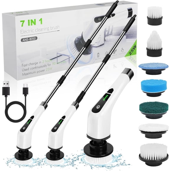 Electric Spin Scrubber Electric Cleaning Brush Cordless Power Scrubber with 3 Replaceable Brush Heads Handheld Power Shower Scrubber for Bathtub, Floor, Wall, Tile, Toil-White - Large (G Need )