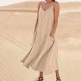 thumbnail image 1 of Liquidation Horkkom Robe en Lin Femme Col en V Couleur Unie Robe Maxi Été Décontractée Sans Manches Longues Robes avec Poches m, 1 of 6