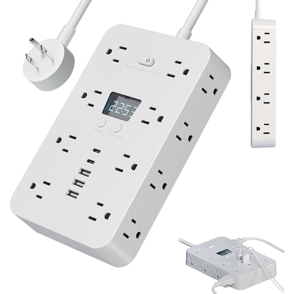 16-in-1 Power Strip with Switch & Surge Protection, 16 in 1 Surge Protector, Flat Plug Power Strip Surges Protector, 16 Ac Outlets, 3 USB & 2 Type-C Ports, Time Display for Home,Office (#a-white-10ft)