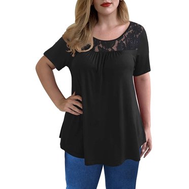 RKSTN Hauts d'Été pour Femmes 2023 Mode Grande Taille Chemises en Dentelle Patchwork Manches Courtes Col Rond Hauts Décontractés Blouse Tees